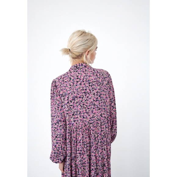 Zara Floral Print Maxi Dress Multicolor Lantern Long Sleeves Collar Shirtdress S - Picture 3 of 9